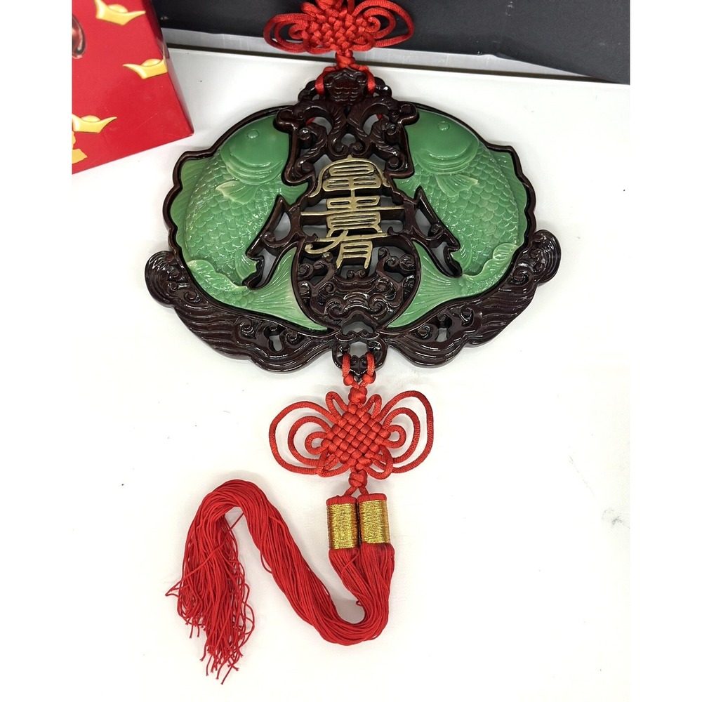 ORIENTAL KOI FISH Red Hanging Lucky Knots CARVED FAUX Green JADE WALL ART - Picture 2 of 11